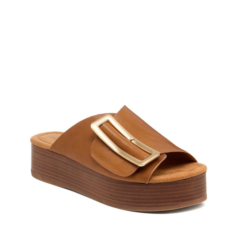 Kelsi Dagger Tan Platform Sandals with Gold Accent